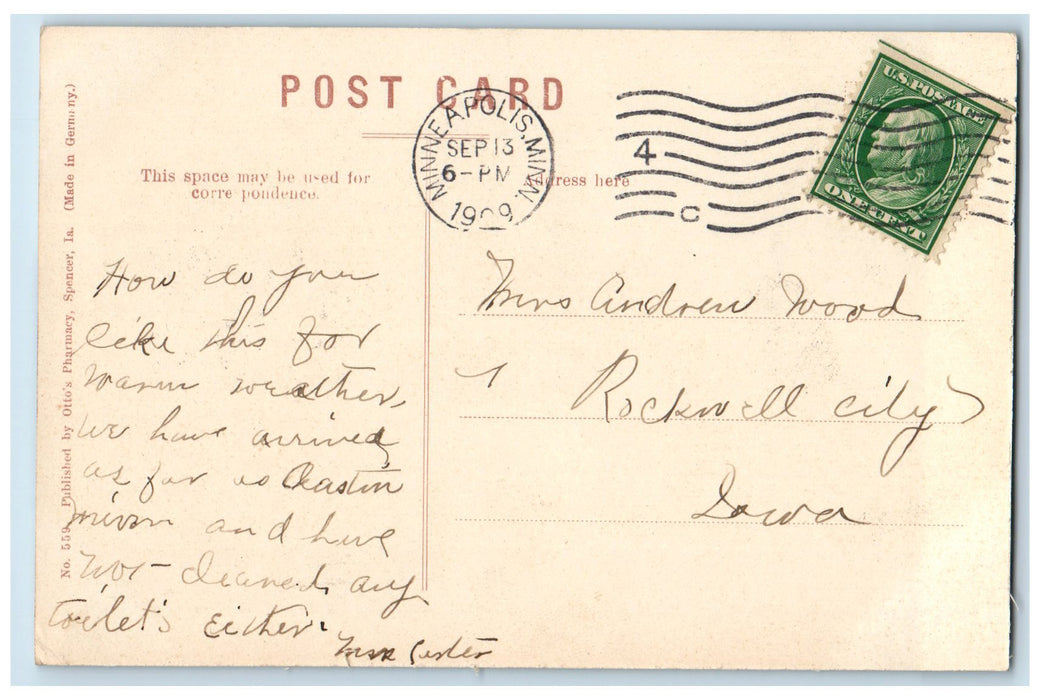 1909 View Of M.E. Church And Parsonage Spencer Iowa IA, Minneapolis MN Postcard