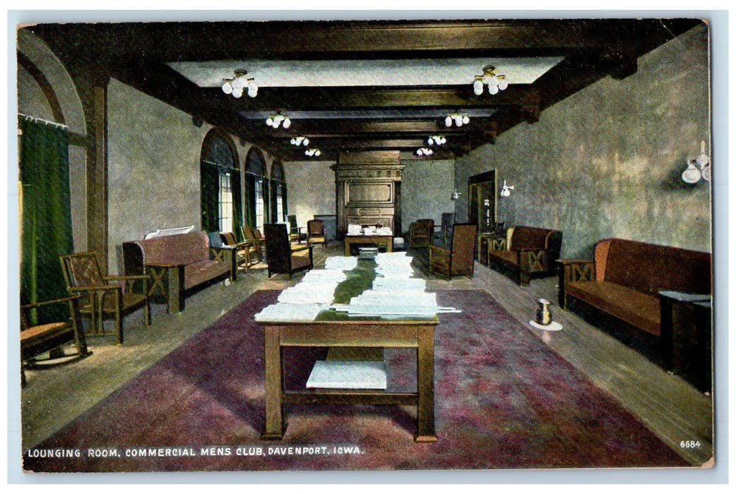 1908 Lounging Room Commercial Mens Club Davenport Iowa IA Antique Postcard