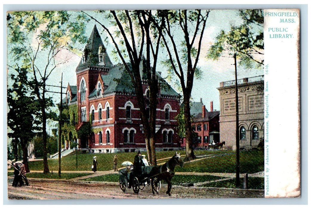 1905 Public Library Horse Carriage Scene Springfield Massachusetts MA Postcard