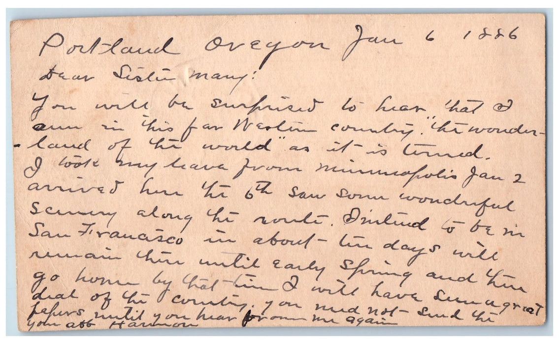 1886 Letter Portland Oregon OR Antique Posted Postcard