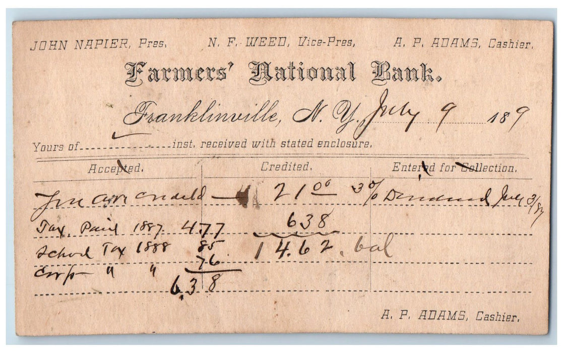 1889 Farmer's National Bank Franklinville New York NY Posted Postcard