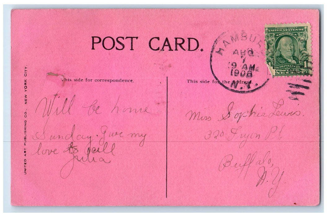 1908 Greetings Hamburg New York NY Antique Car Humor Postcard