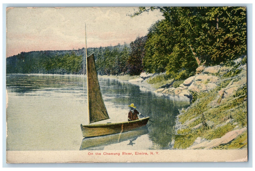 c1910's On The Chemung River Sailboat Canoeing Scene Elmira New York NY Postcard