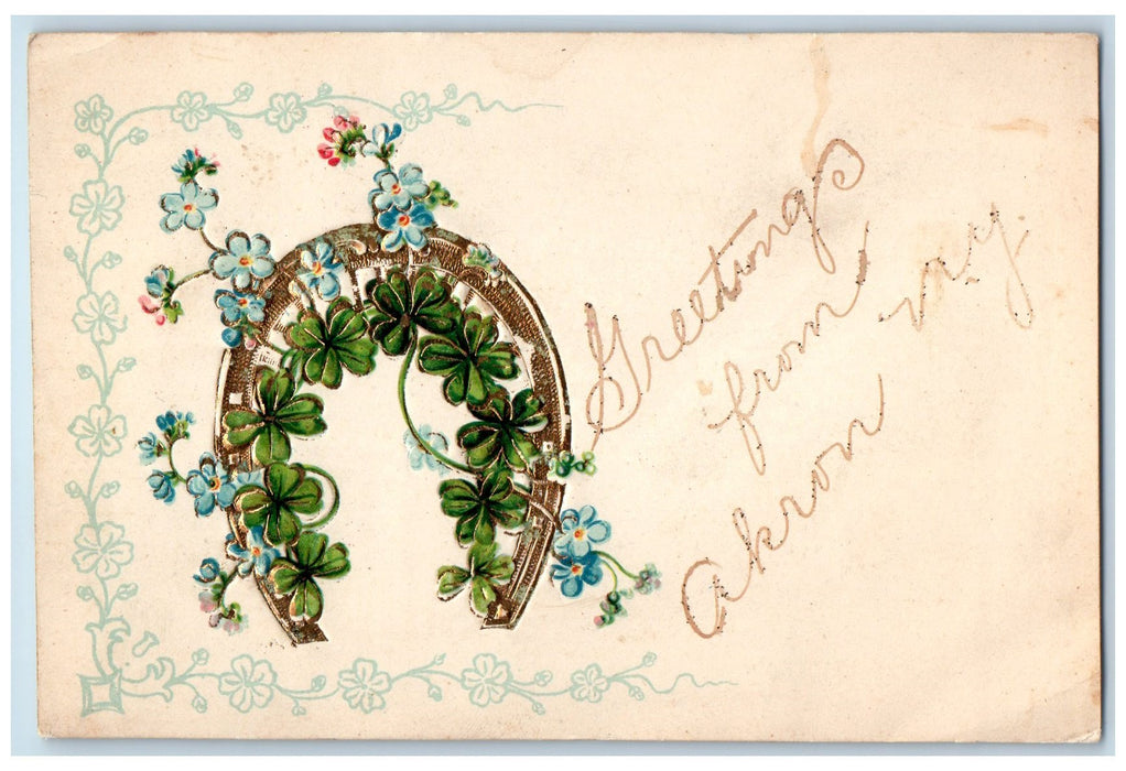 Greetings From Akron New York NY, Horseshoe Pansies Flowers Embossed Postcard