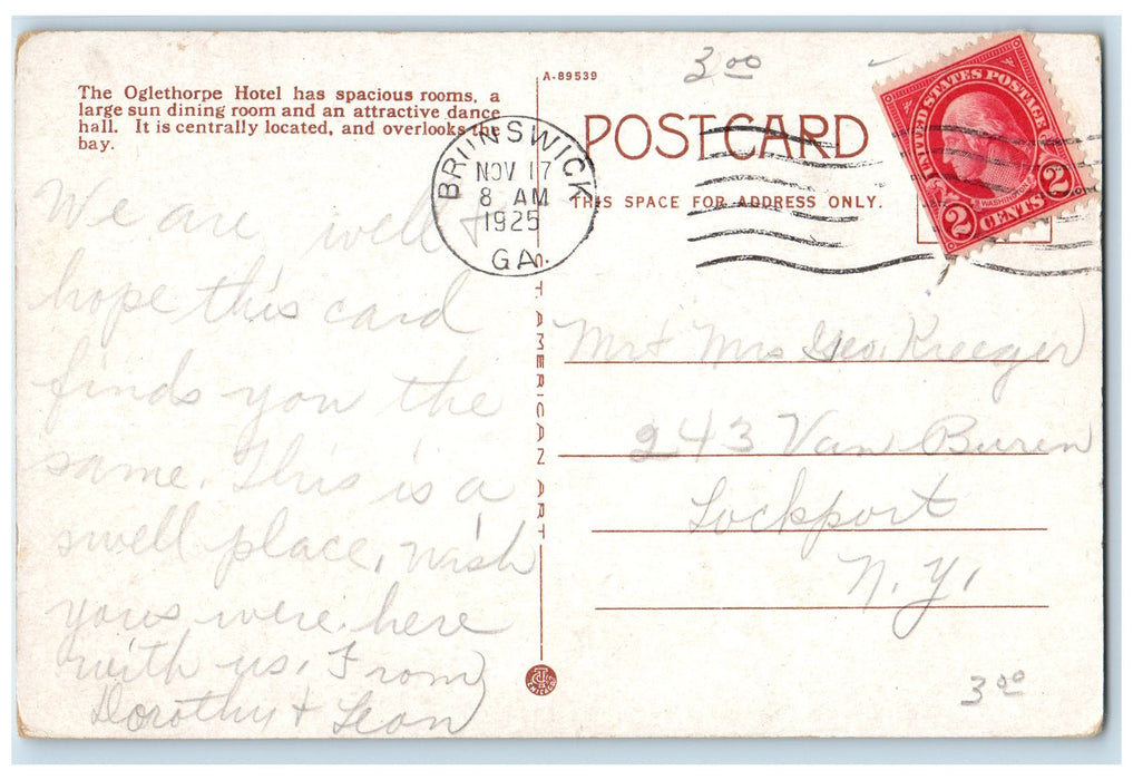 1925 The Oglethorpe Hotel Building Panoramic View Brunswick Georgia GA Postcard