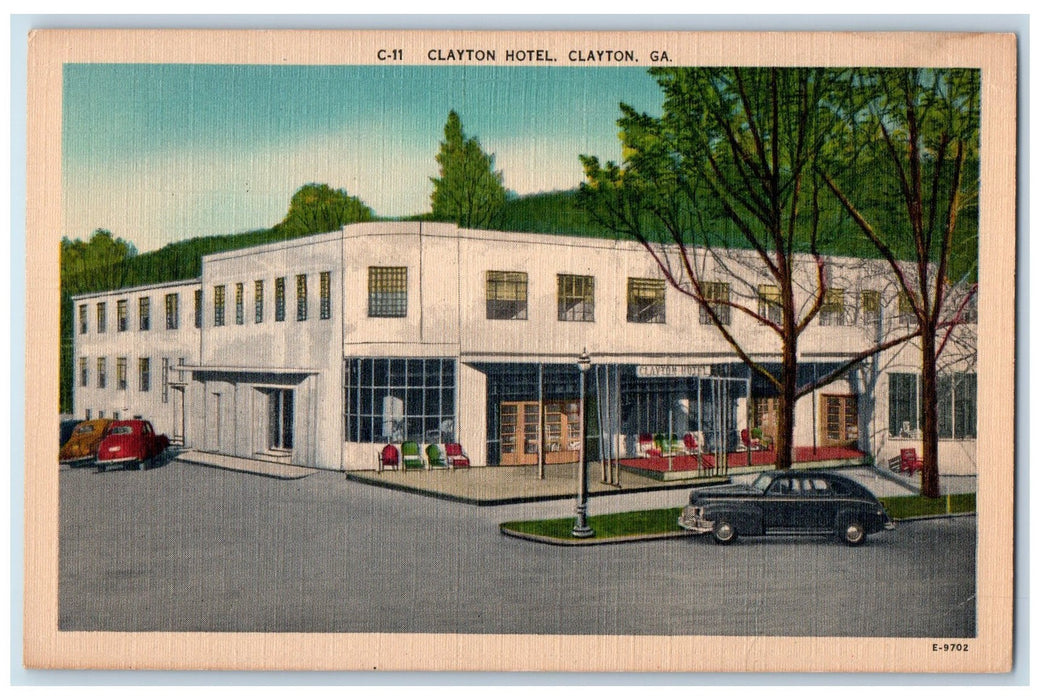 Clayton Hotel Tree-lined Car-lined Street Exterior Scene Georgia GA Postcard
