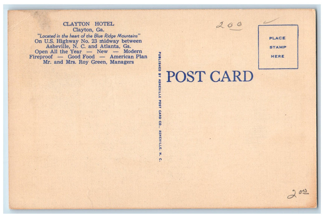 Clayton Hotel Tree-lined Car-lined Street Exterior Scene Georgia GA Postcard