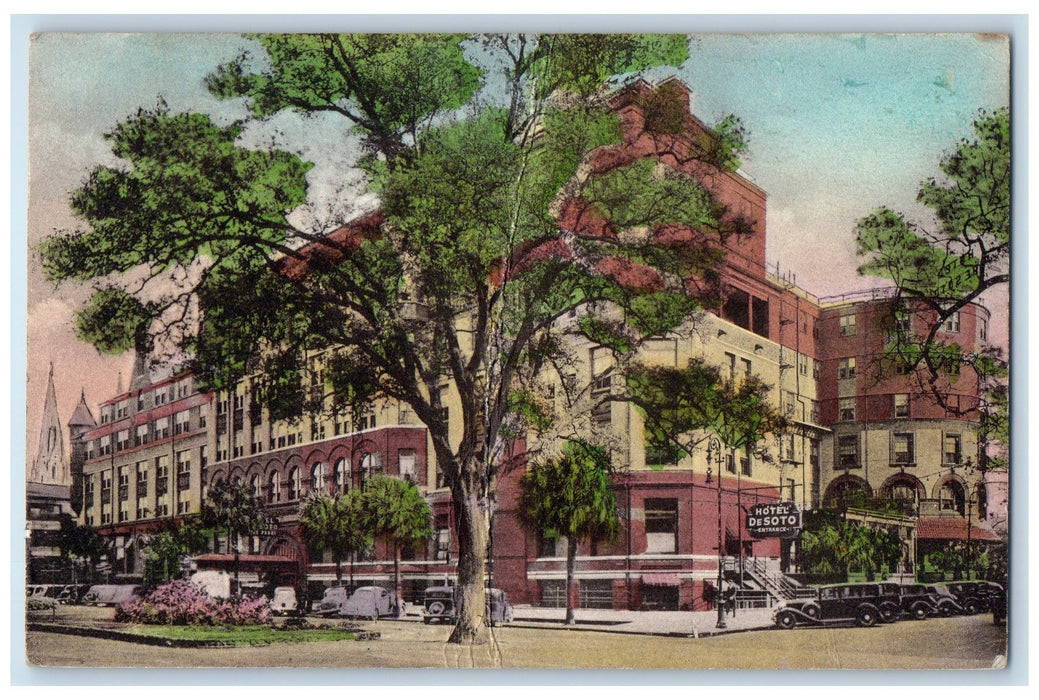 1942 Hotel De Sotto Building Car-lined Street View Savannah Georgia GA Postcard