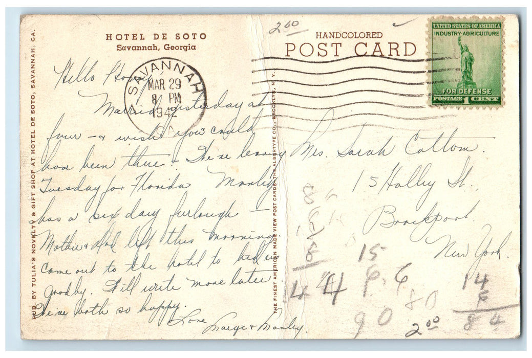 1942 Hotel De Sotto Building Car-lined Street View Savannah Georgia GA Postcard