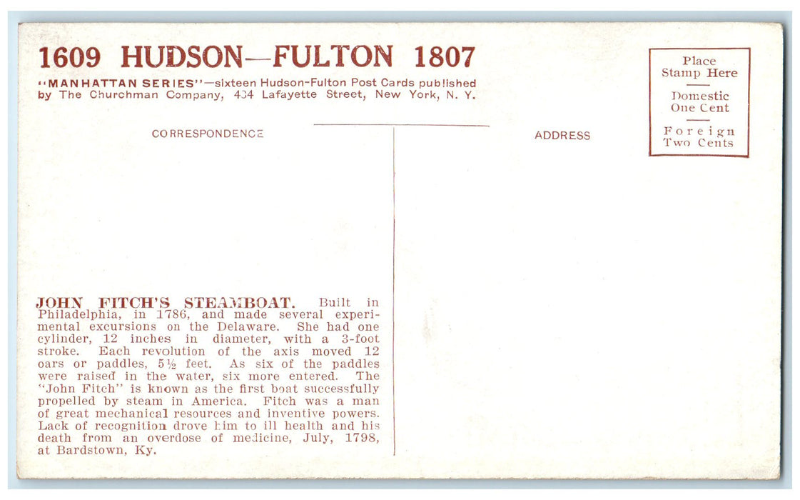 c1920's John Fitch's Steamboat At Philadelphia Hudson Fulton Unposted Postcard