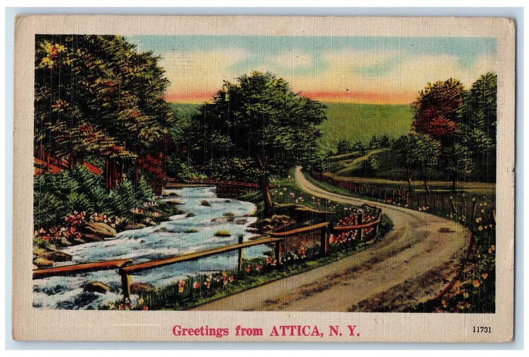 1945 Greetings From Attica New York NY, Bridge River Nature Scene Postcard