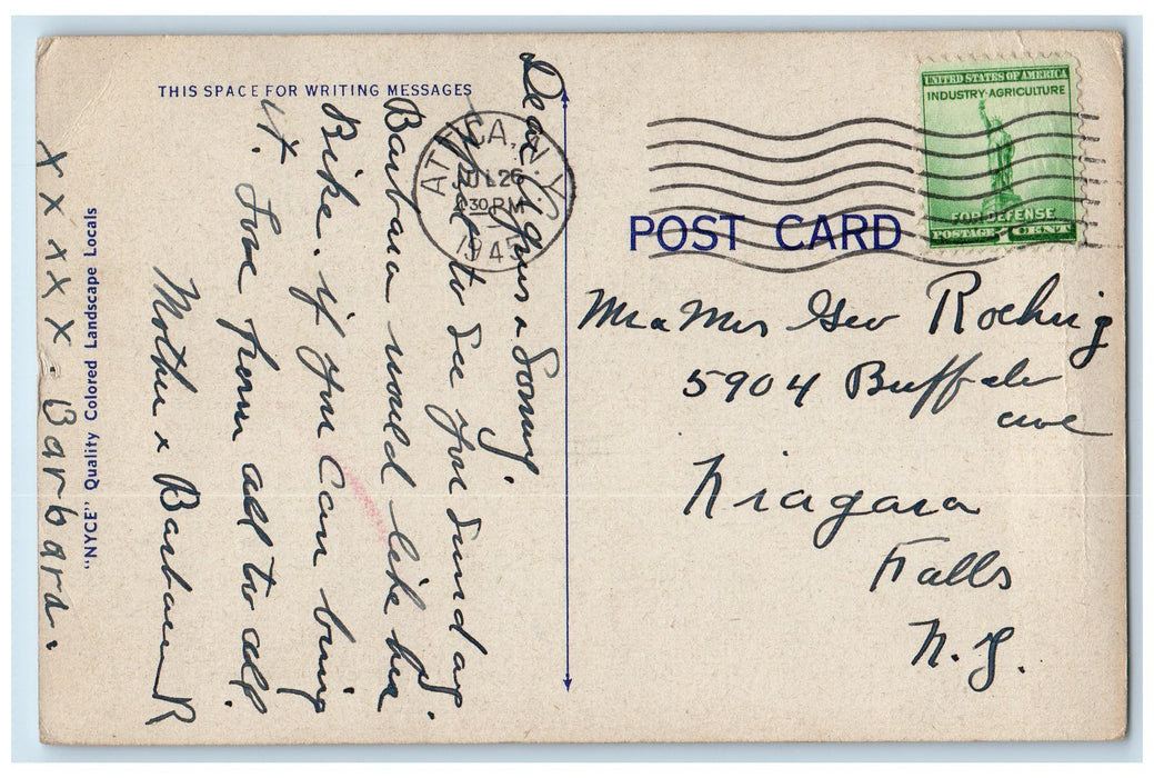 1945 Greetings From Attica New York NY, Bridge River Nature Scene Postcard