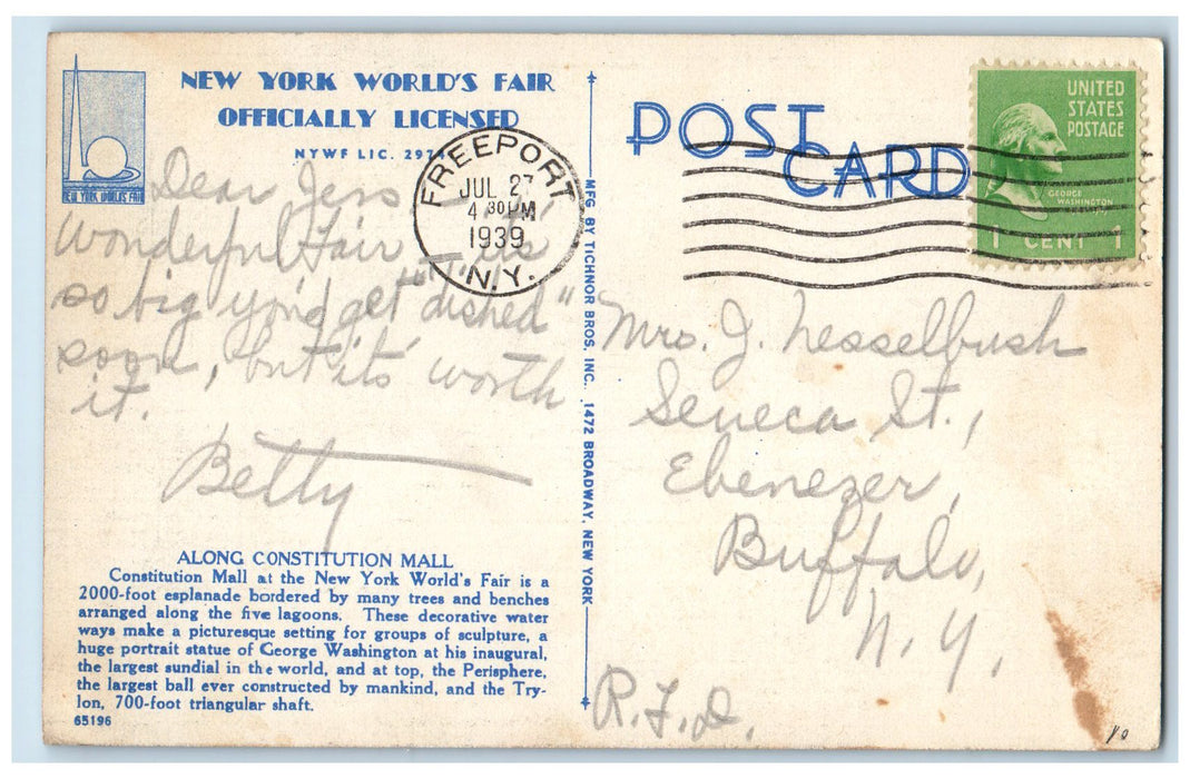 1939 Along Constitution Mall WF12 New York World's Fair Freeport NY Postcard