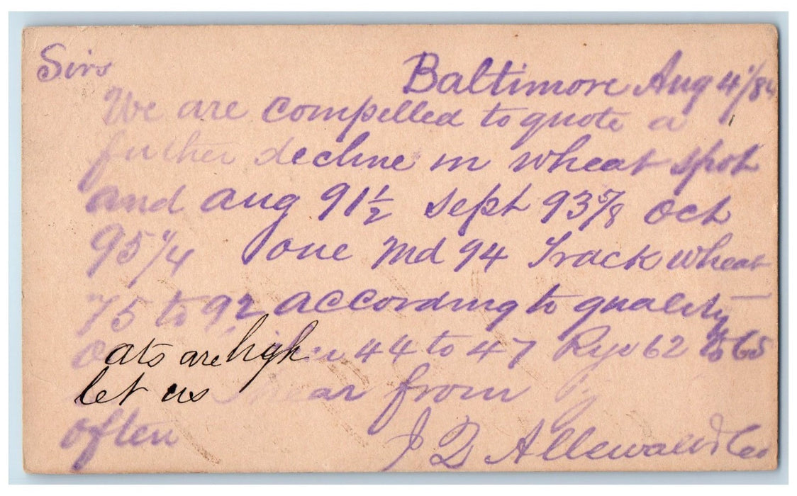 1884 Letter Greetings Baltimore Maryland MD Antique Posted Postcard