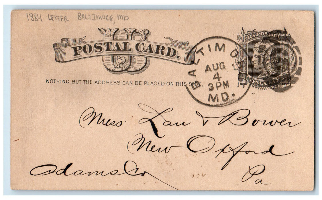 1884 Letter Greetings Baltimore Maryland MD Antique Posted Postcard