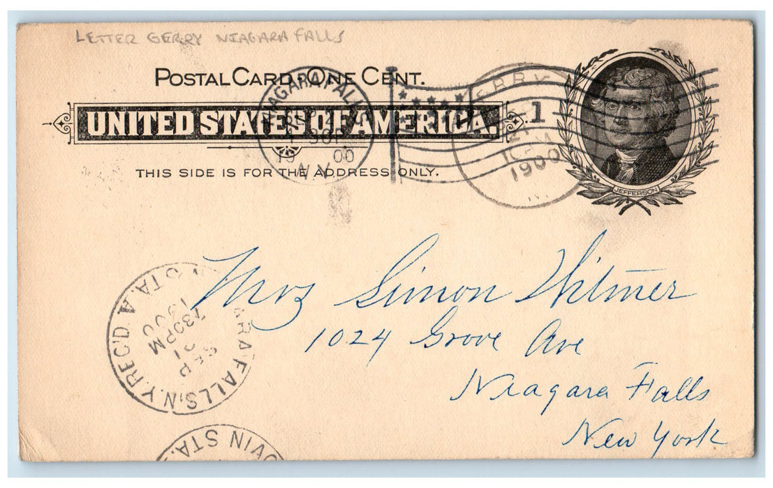 1900 Letter Greetings Gerry Niagara Falls New York NY Antique Posted Postcard