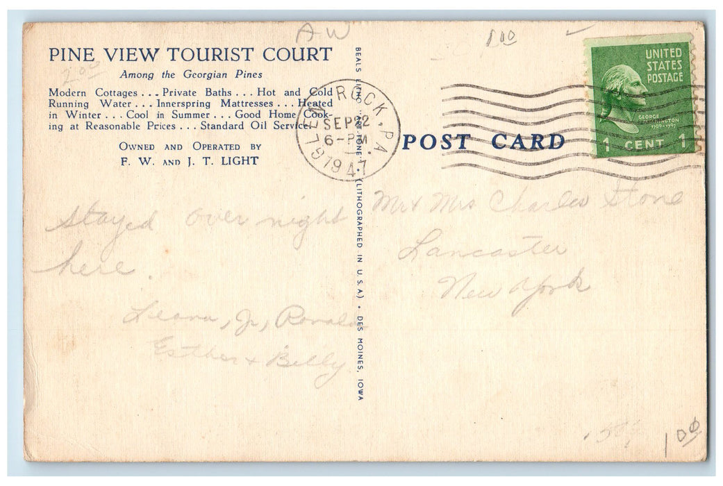 1947 Pine View Tourist Court House Woodbine Georgia GA, Glen Rock PA Postcard