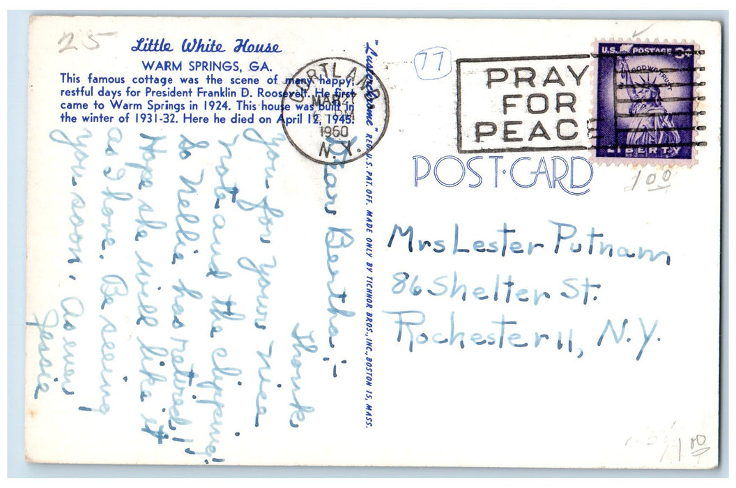 1960 Little White House Exterior Warm Springs Georgia GA Cortland NY Postcard