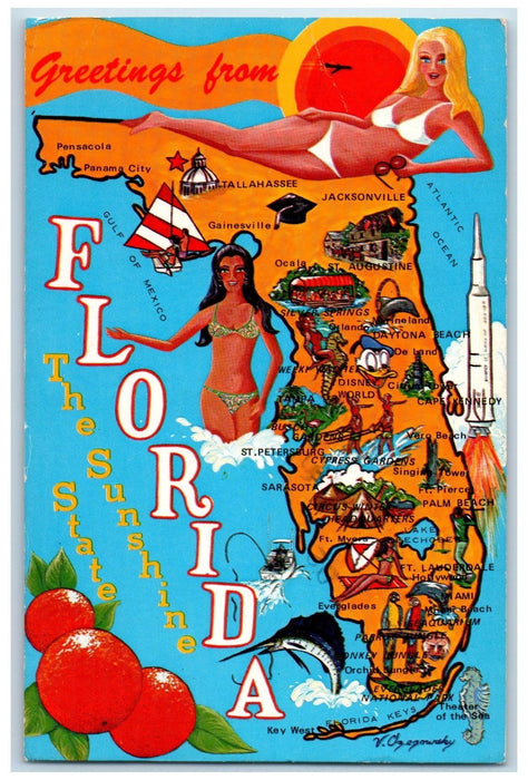 1952 Greetings From The Sunshine State Map FL Beach Girls Swimming Postcard