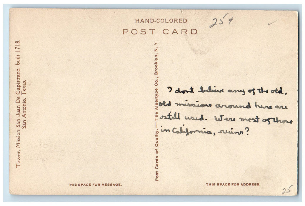 c1910's Mission San Juan De Capistrano Tower San Antonio Texas Unposted Postcard