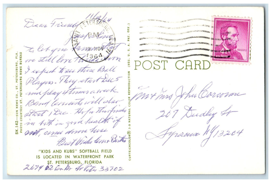 1964 Kids Versus Kubs Softball Team St. Petersburg Florida FL Posted Postcard