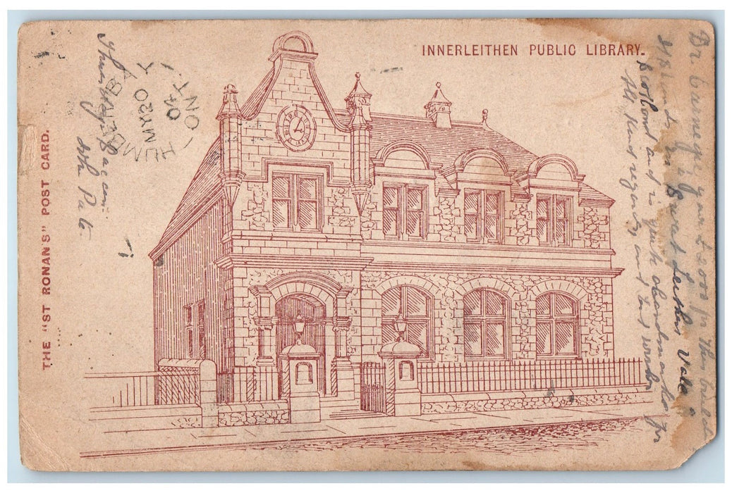 1904 Innerleithen Public Library Scotland Buffalo New York NY Drawing Postcard