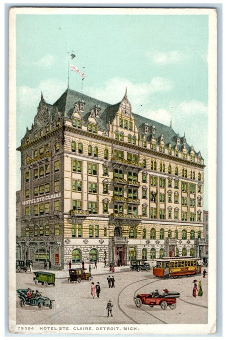 1921 Hotel Ste Claire Building Scene Detroit Michigan MI Posted Vintage Postcard
