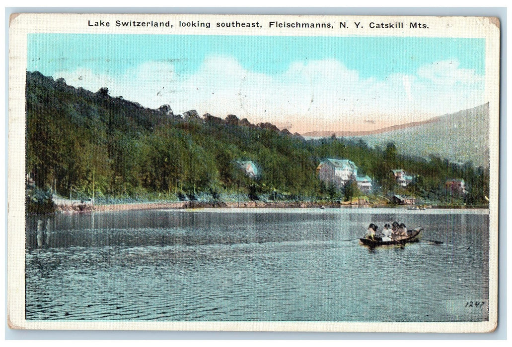 1925 Lake Switzerland Looking Southeast Fleischmanns NY, Boat Sailing Postcard