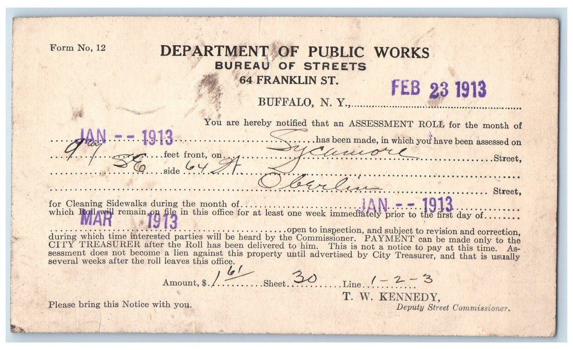 1913 Department Of Public Works Assessment Roll Buffalo New York NY Postcard