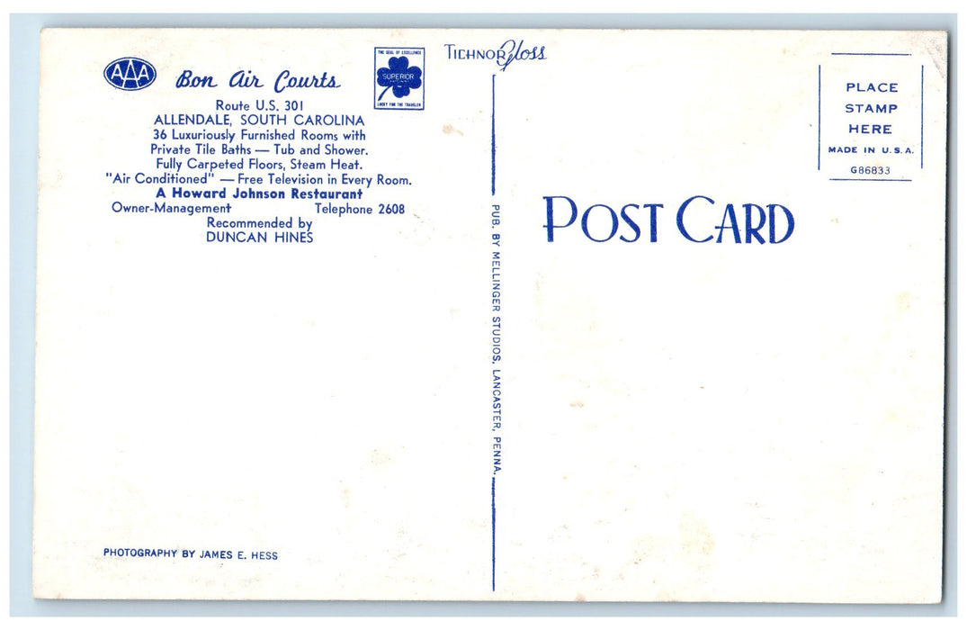 c1940's Bon Air Hotel Roadside Allendale South Carolina SC Unposted Postcard