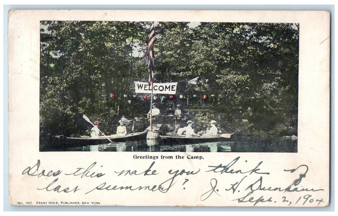 1904 Greetings From The Camp Welcome Sign Boats New Jersey NJ Posted Postcard