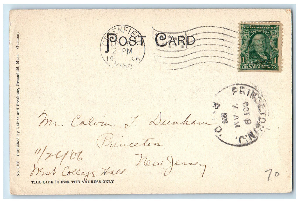 1906 Franklin Street Resident View Greenfield Massachusetts MA Posted Postcard