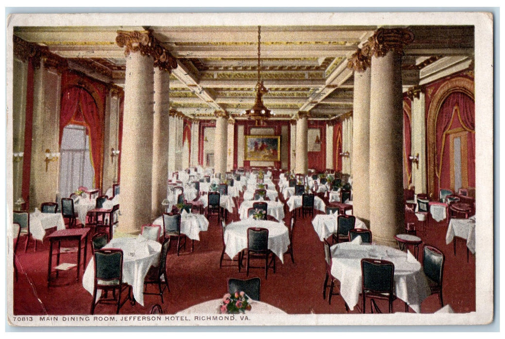 1913 Main Dining Room Jefferson Hotel Richmond Virginia VA Phostint Postcard