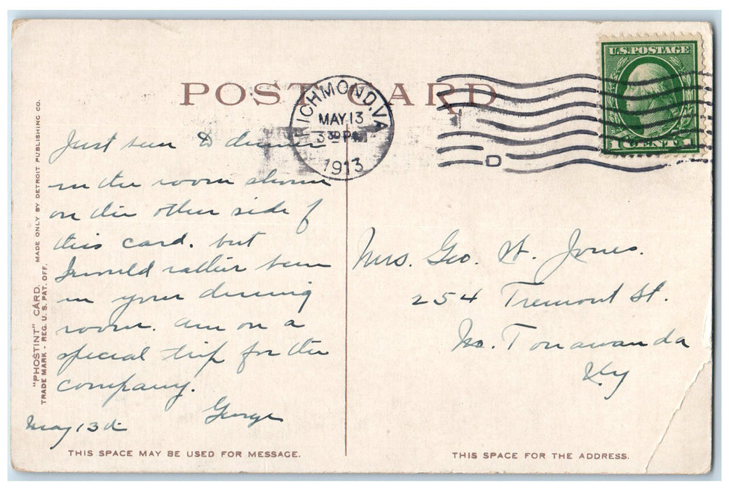 1913 Main Dining Room Jefferson Hotel Richmond Virginia VA Phostint Postcard