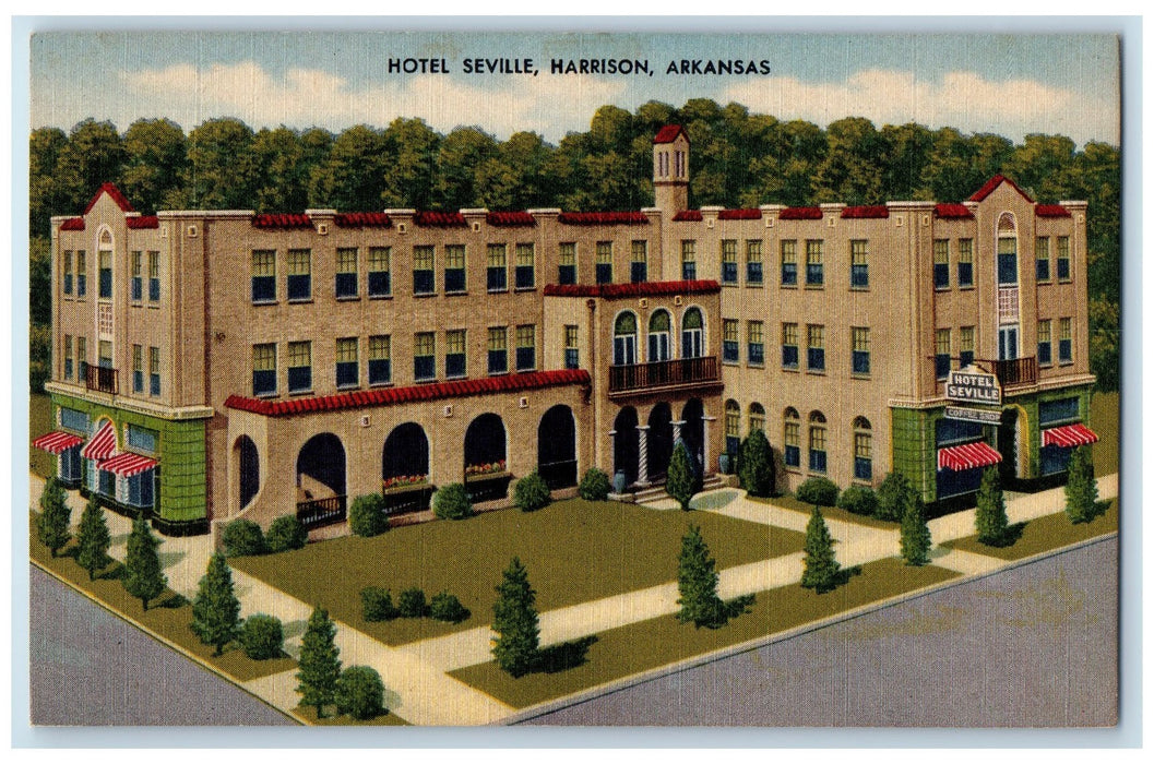 Hotel Seville Exterior Tree-lined Scene Harrison Arkansas AR Vintage Postcard