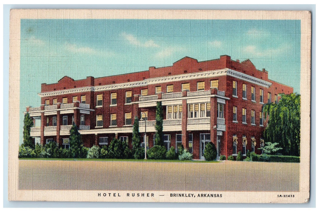 1937 Hotel Rusher Trees Exterior Scene Brinkley Arkansas AR Vintage Postcard