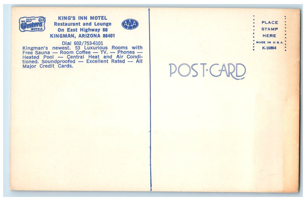 King's Inn Motel Restaurant And Lounge Swimming Pool Kingman Arizona AZ Postcard