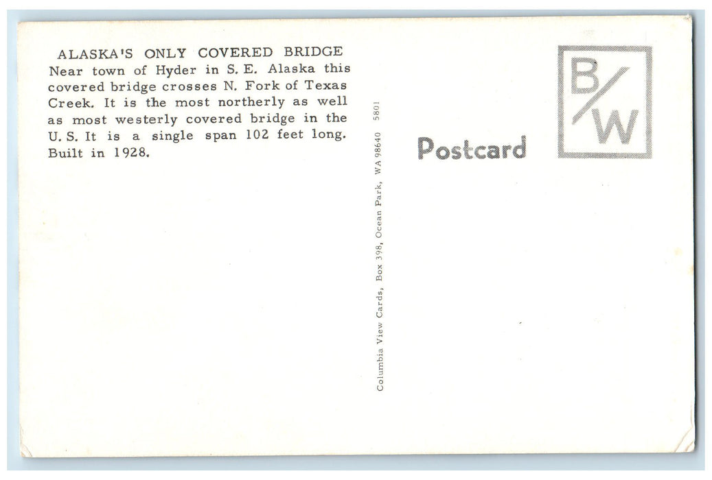 Alaska's Only Covered Bridge Winter Scene Hyder AK Vintage Unposted Postcard