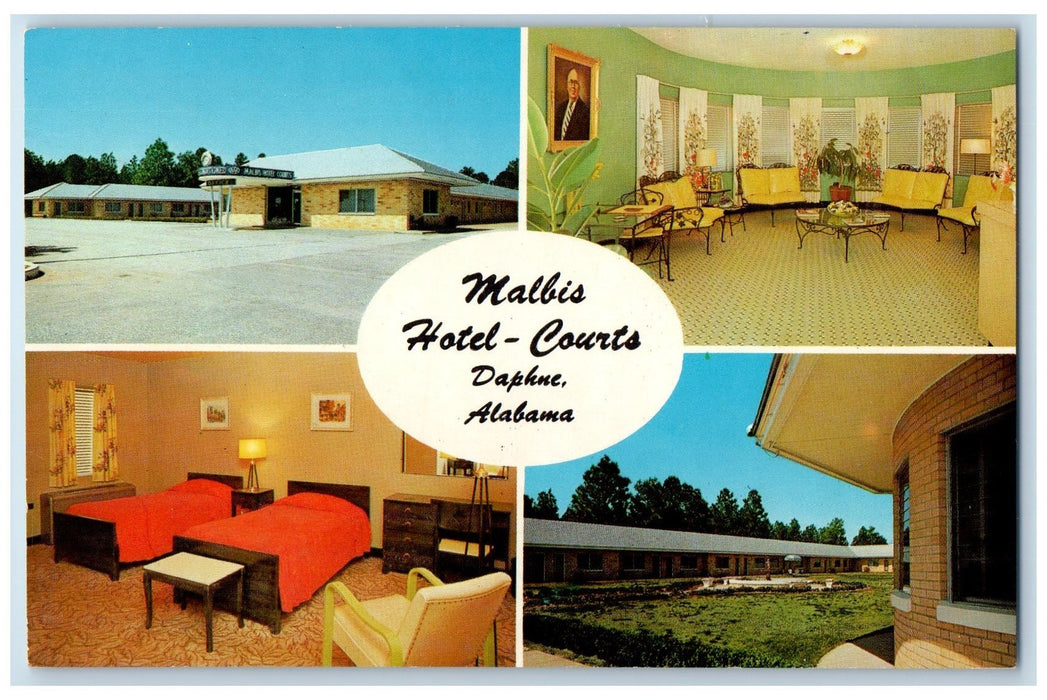 c1950's View Of Malbis Hotel Courts Daphne Alabama AL Multiview Vintage Postcard