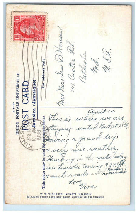 1938 Greetings From Jamaica Myrtle Bank Hotel Kingston Vintage Posted Postcard