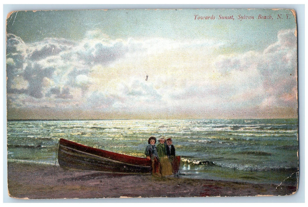 1910 Towards Sunset Boat Children Scene Sylvan Beach New York NY Postcard