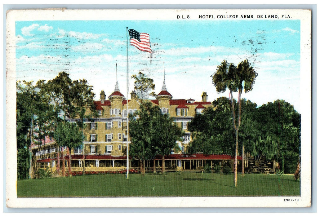 1935 Hotel College Arms American Flag De Land Florida FL Posted Vintage Postcard