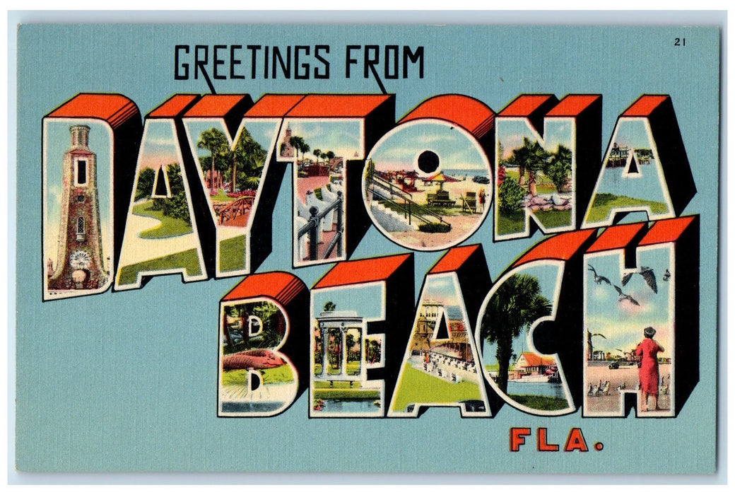 c1940's Large Letter Greetings From Daytona Beach Florida FL Unposted Postcard