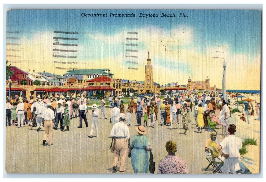 c1940's Oceanfront Promenade Daytona Beach Florida FL Posted People Postcard