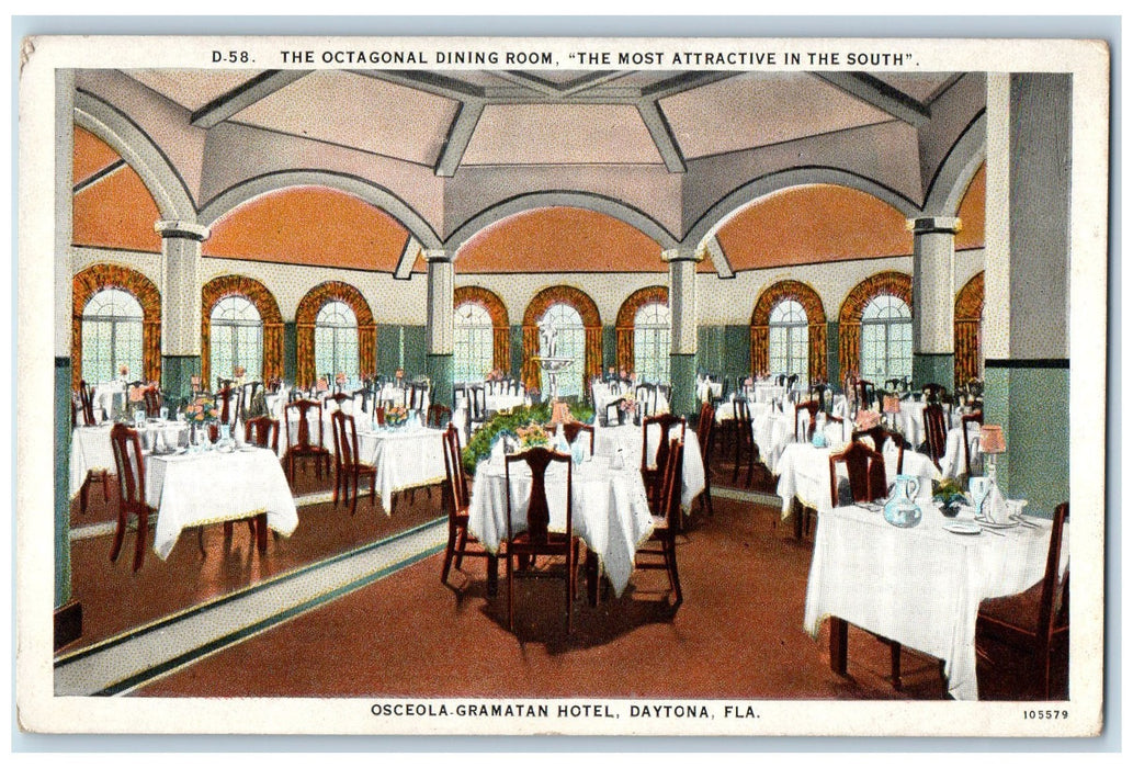 c1920's Osceola Gramatan Hotel Restaurant Dining Room Dayton FL Postcard