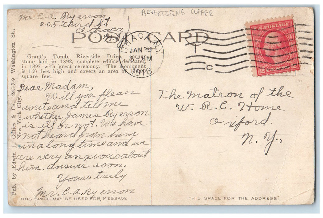 1918 View OF Grant's Tomb New York City NY Antique Advertising Coffee Postcard