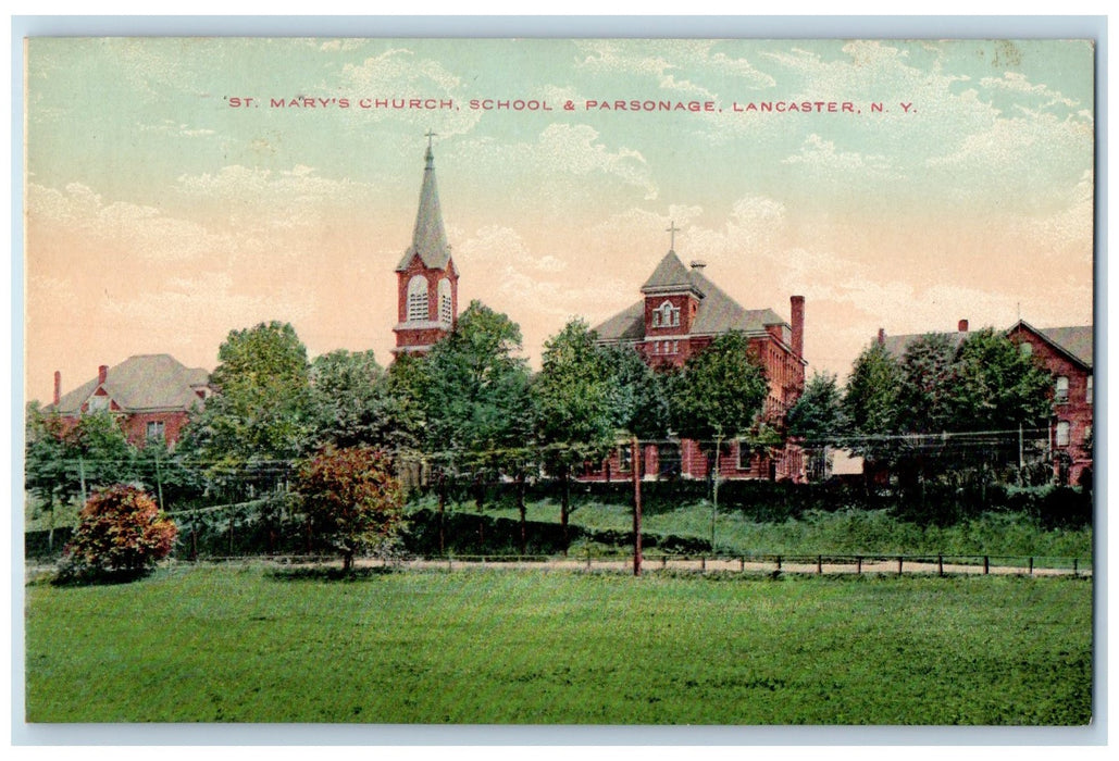 c1910 St. Mary's Church School Parsonage Building Lancaster New York NY Postcard
