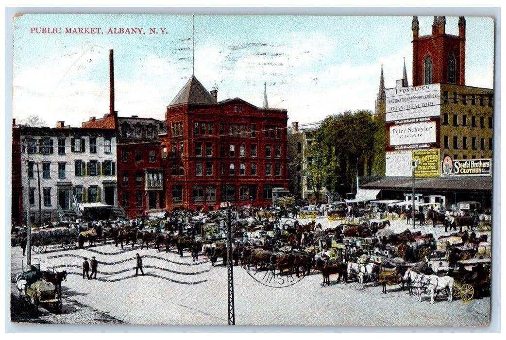 1909 Public Market Horse Carriage Wagon Scene Albany New York NY Postcard