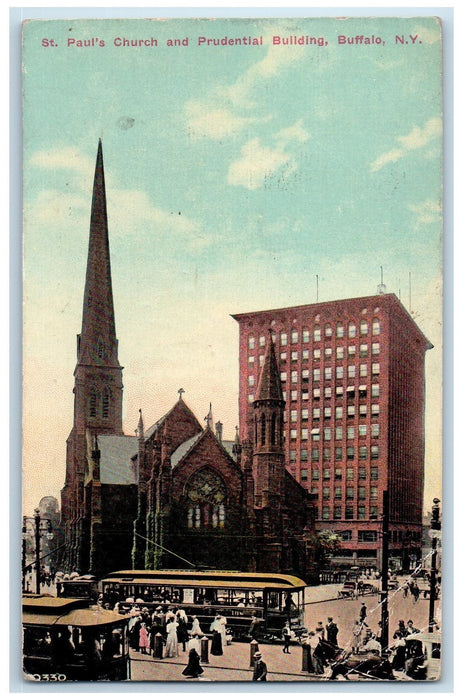 1914 St. Paul's Church Prudential Building Train Buffalo New York NY Postcard