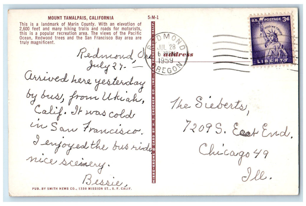1959 Mount Tamalpais Hiking Trails And Redwood Trees California Posted Postcard